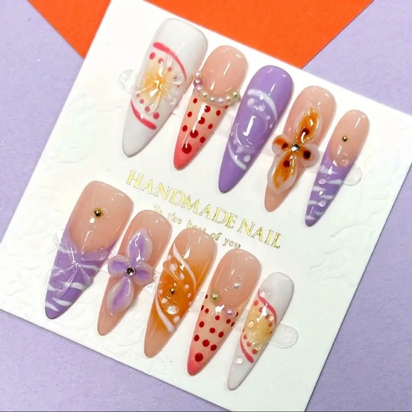 Colorful Handmade Press On Nail Art Set with Floral Designs Long Length 3D NWT - Picture 3 of 10
